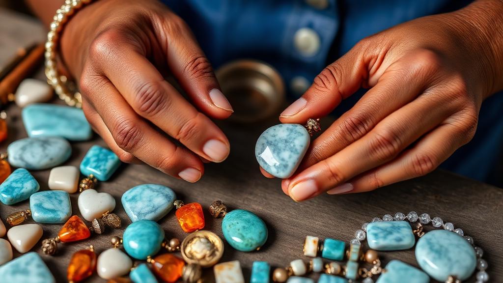 Hands sorting polished larimar and amber stones among finished Dominican jewellery