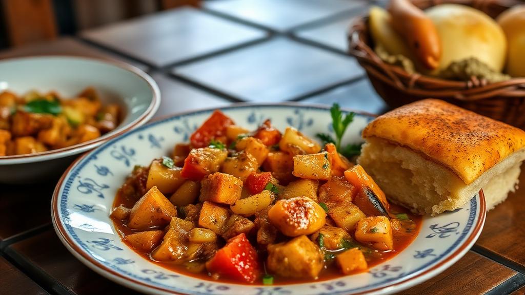 Plate of Dominican root-vegetable and meat stew served with bread on patterned ceramic