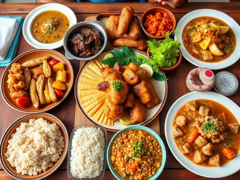 Table spread of Dominican dishes — stews, fried plantain and yuca, rice, beans and salads