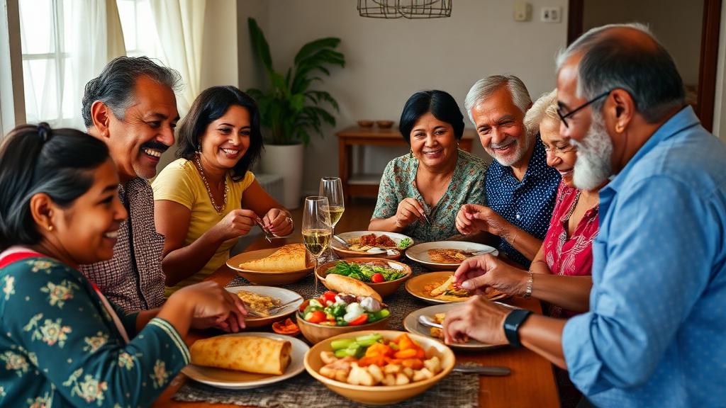 Three generations of a family sharing a meal around a table at home