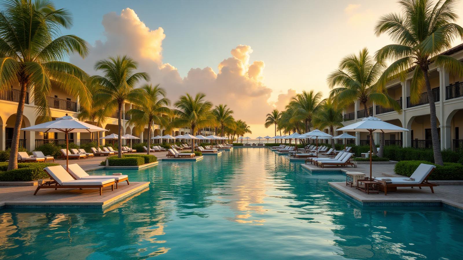 Resort pool lined with palm trees and lounge chairs at sunset