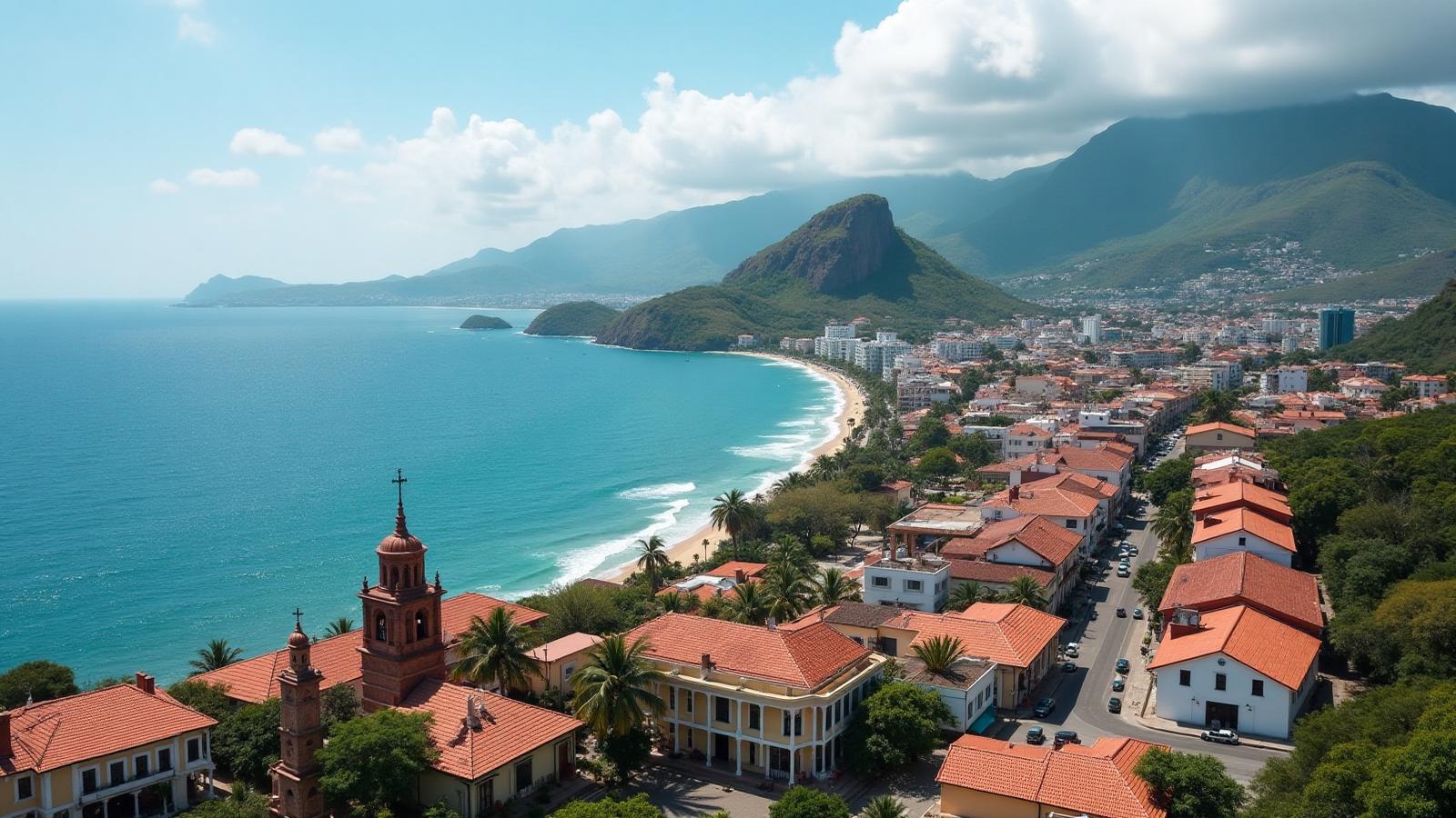 Coastal town with red-tiled roofs and mountains along the shoreline