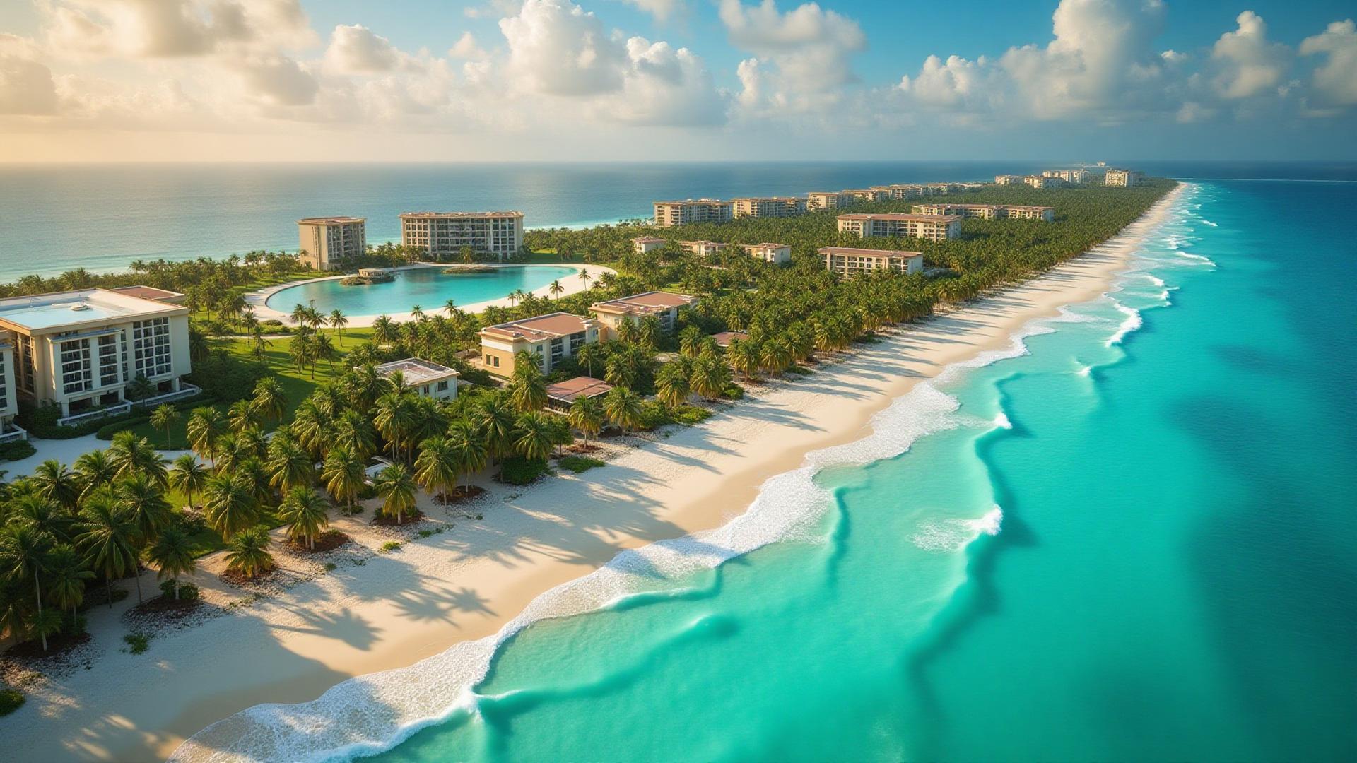 Aerial view of beachfront hotels along a white sand coastline